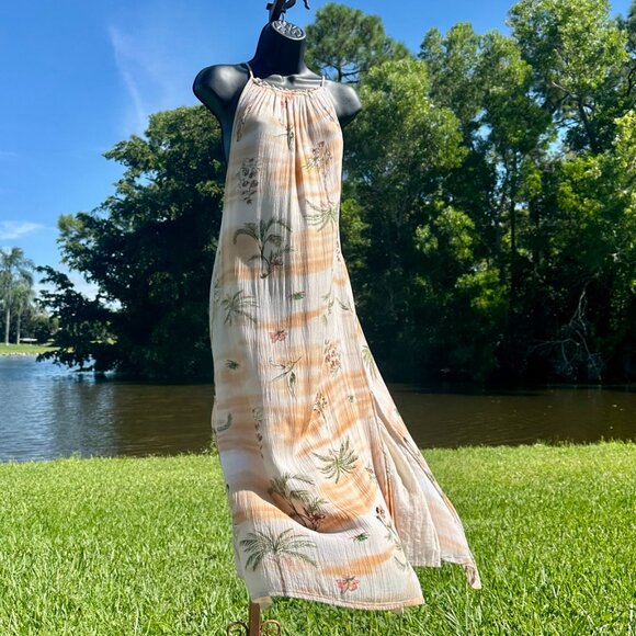 O'NEIL CLEMENCE MIDI DRESS Peach Palm Tree Adjustable Spaghetti Strap Slip Small - Picture 1 of 16